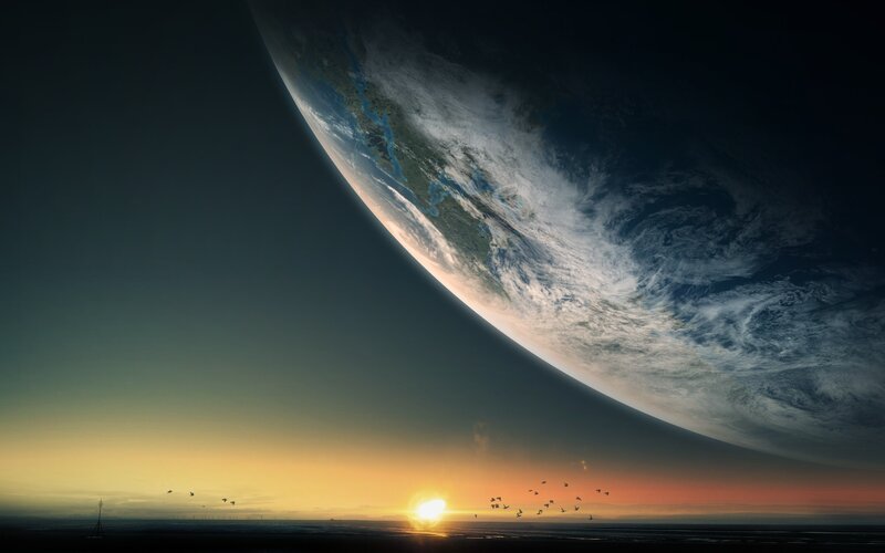 Planet Earth from Space — Blue, Dramatic, Sunset, Digital Art, Sun