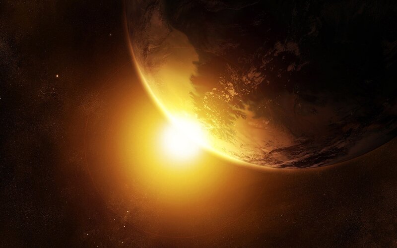 Planet Earth from Space — Orange, Dramatic, Sunset, Digital Art, Sun, Stars, Atmosphere