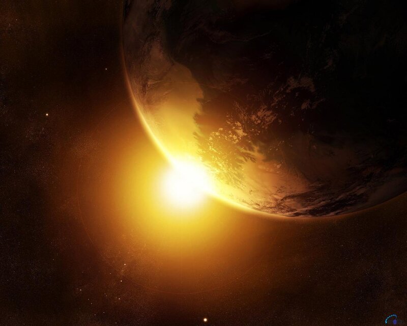 Planet Earth from Space — Orange, Dramatic, Sunset, Digital Art, Sun, Stars