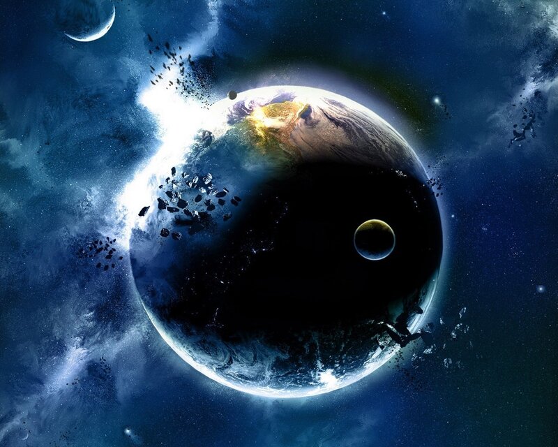 Planet Earth in Space — Blue, Dramatic, Digital Art, Moon