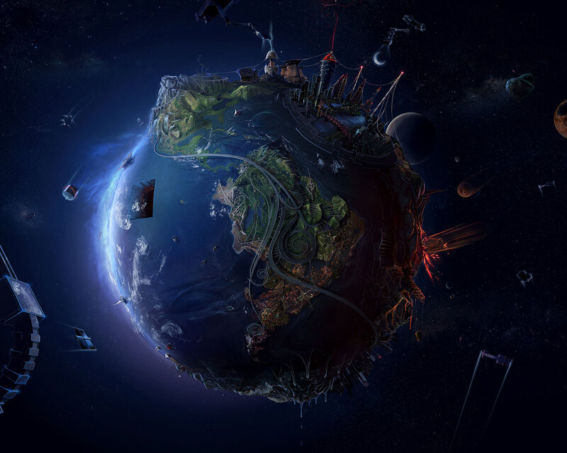 Planet Earth in Space — Blue, Dramatic, Night, Digital Art, Spacecraft