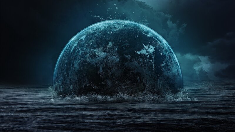 Planet Emerging from Water — Blue, Dramatic, Night