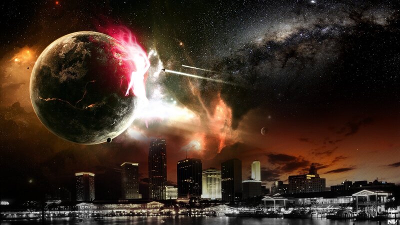 Planet Exploding over City