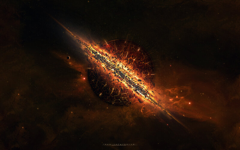 Planet Explosion in Space — Black, Dramatic, Digital Art, Asteroids, Stars