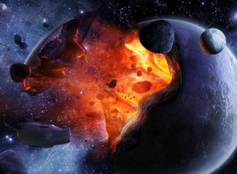 Planet Explosion — Orange, Dramatic, Digital Art, Asteroids, Stars, Space