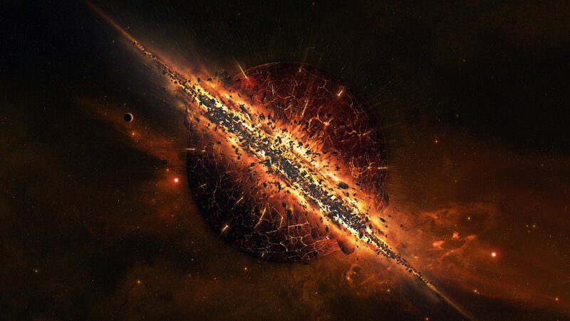 Planet Explosion — Orange, Dramatic, Digital Art, Asteroids