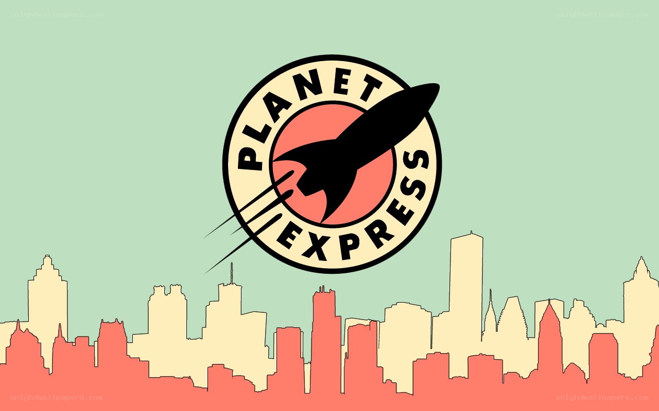 Planet Express logo over city