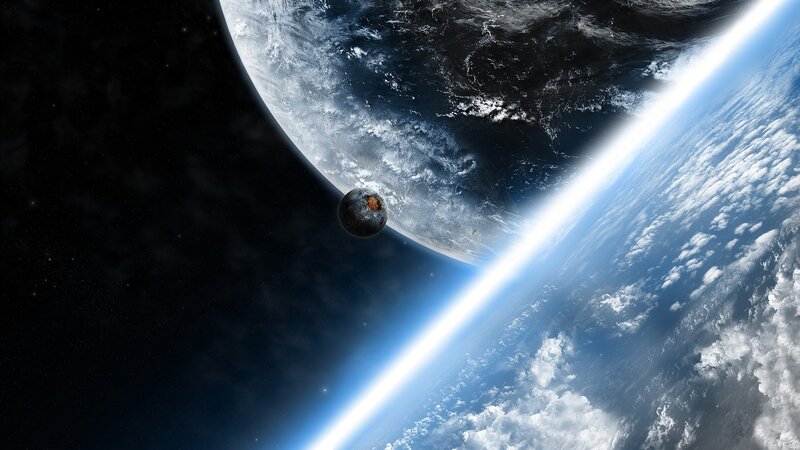 Planet from Space — Blue, Dramatic, Digital Art, Earth, Moon