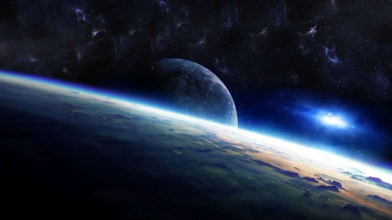 Planet from Space — Blue, Dramatic, Digital Art, Stars, Nebula, Moon