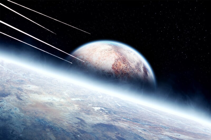 Planet from Space — Blue, Dramatic, Digital Art, Stars, Spacecraft Trails