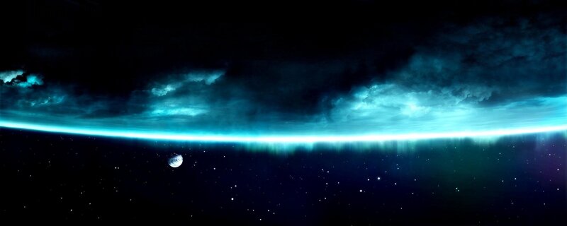 Planet from Space — Blue, Dramatic, Night, Digital Art, Stars, Moon, Clouds