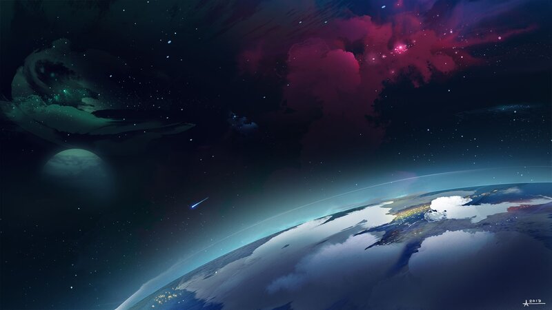 Planet from Space — Blue, Dramatic, Night, Digital Art, Stars, Nebula