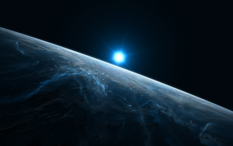 Planet from Space — Blue, Dramatic, Night, Digital Art, Sun