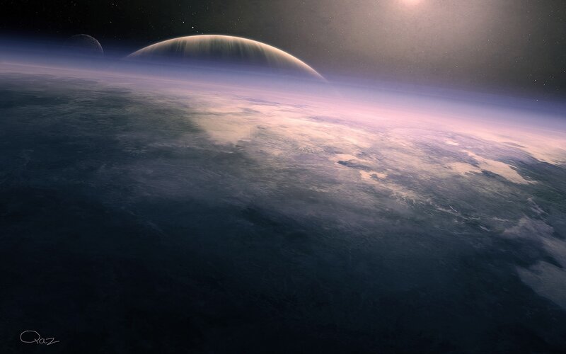 Planet from Space — Blue, Serene, Night, Digital Art, Moon, Stars, Purple