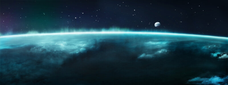 Planet from Space — Blue, Serene, Night, Digital Art, Moon, Stars