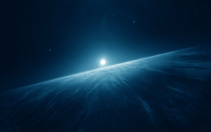 Planet from Space — Blue, Serene, Night, Digital Art, Star, Sun