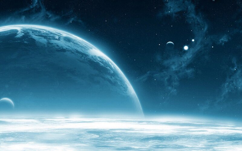 Planet from Space — Blue, Serene, Night, Digital Art, Stars, Moon, Nebula, White, Black
