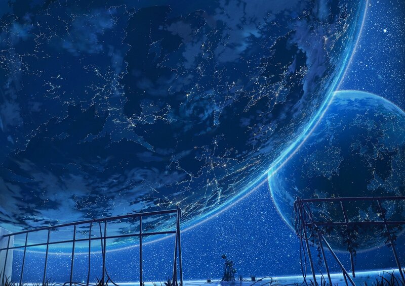 Planet from Space — Blue, Serene, Night, Digital Art, Stars, Railing, Plants