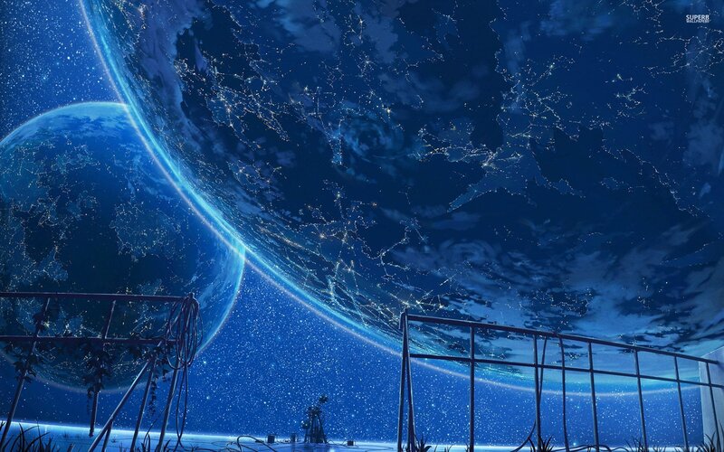 Planet from Space — Blue, Serene, Night, Digital Art, Stars, Railing
