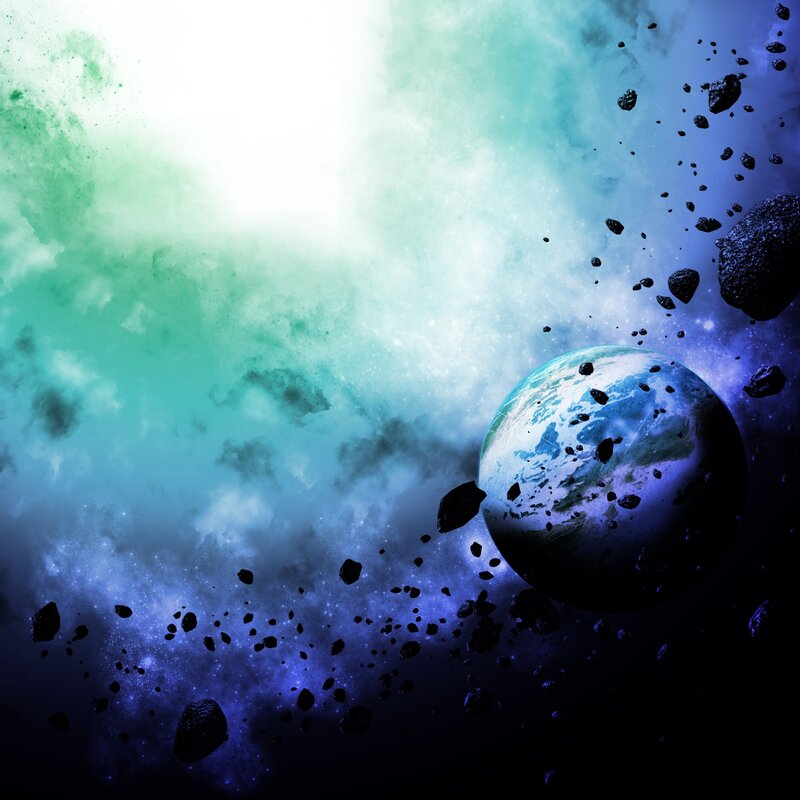 Planet in Asteroid Field — Blue, Dramatic, Digital Art, Asteroids, Nebula