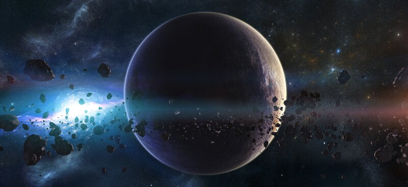 Planet in Asteroid Field — Blue, Dramatic, Digital Art