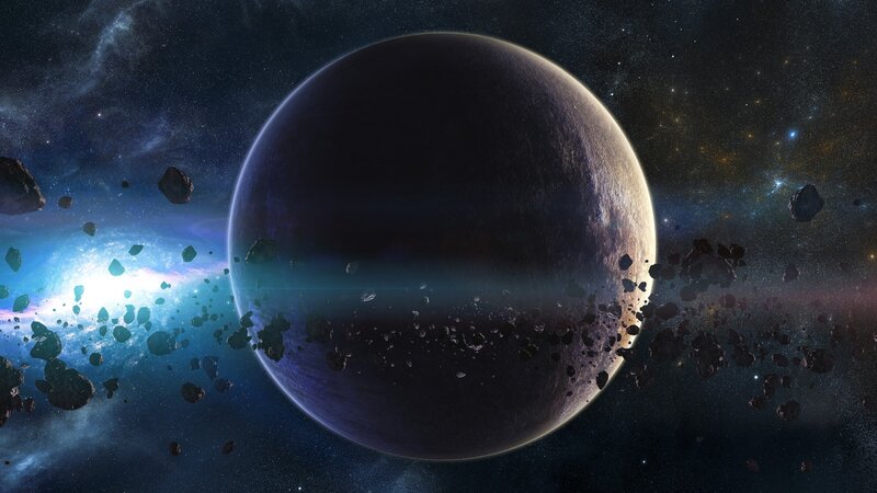 Planet in Asteroid Field — Blue, Dramatic, Night, Digital Art, Asteroids, Stars, Nebula