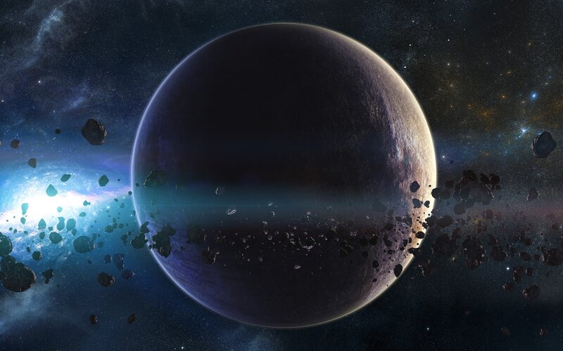 Planet in Asteroid Field — Blue, Dramatic, Night, Digital Art, Asteroids, Stars, Space