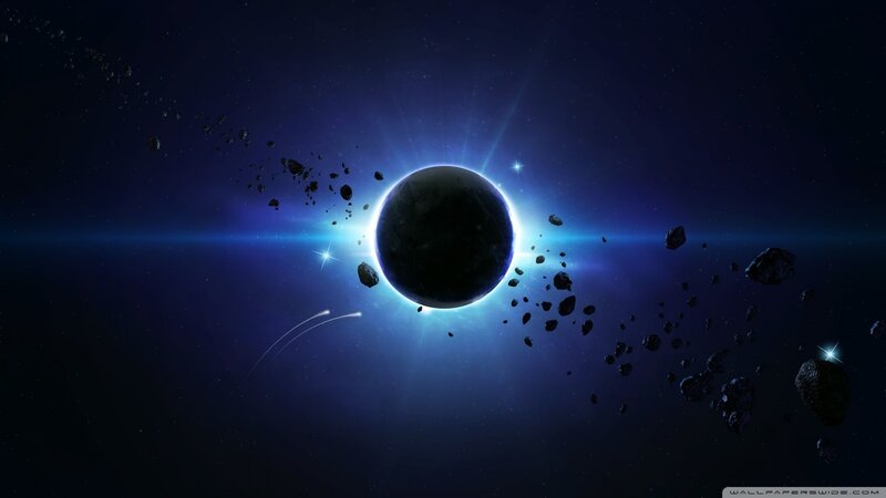 Planet in Asteroid Field — Blue, Dramatic, Night, Digital Art