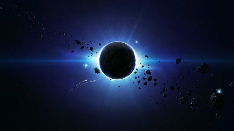 Planet in Asteroid Field — Blue, Dramatic, Night