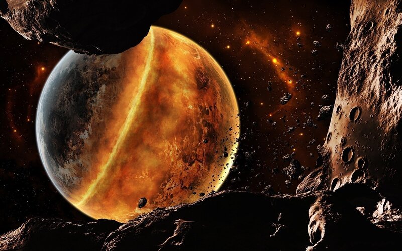 Planet in Asteroid Field — Dramatic