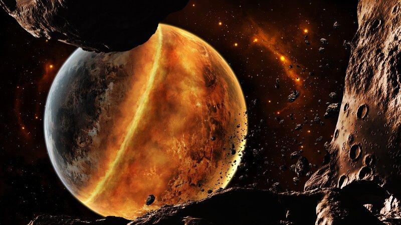 Planet in Asteroid Field — Orange, Dramatic, Digital Art, Asteroids, Stars, Space