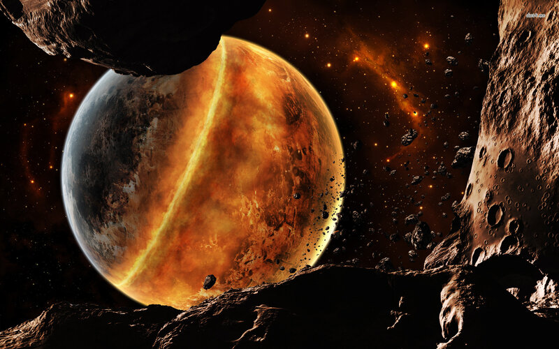 Planet in Asteroid Field — Orange, Dramatic, Digital Art, Asteroids, Stars