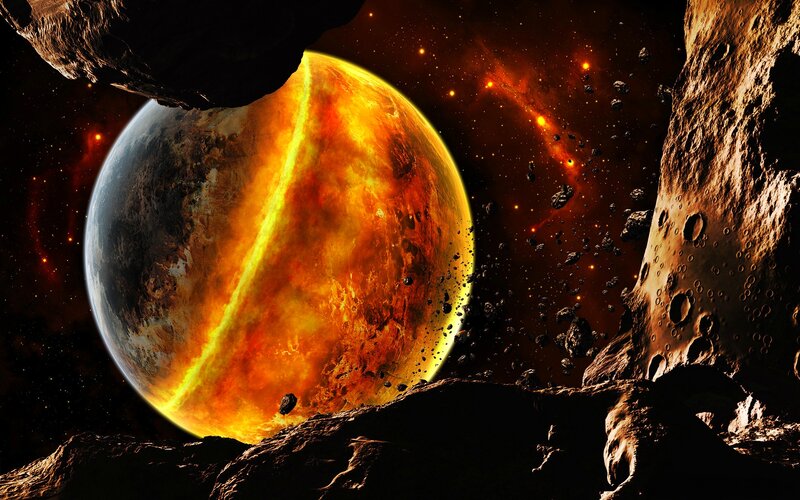 Planet in Asteroid Field — Orange, Dramatic, Digital Art