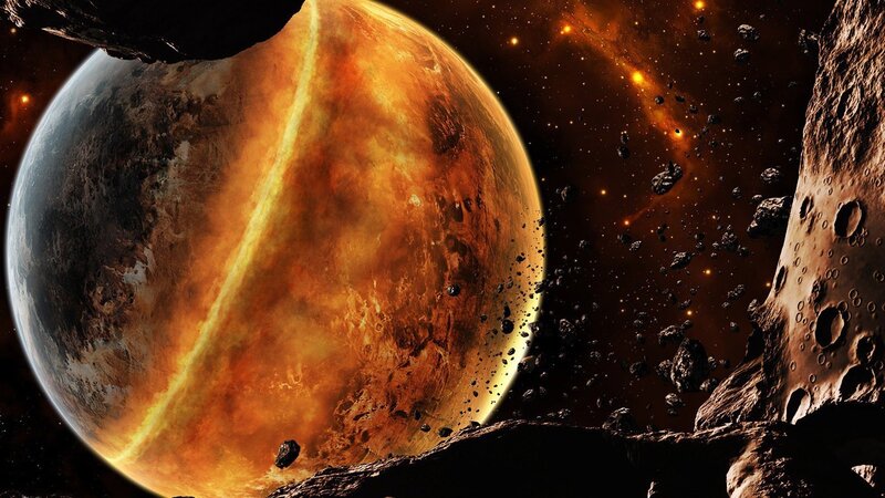 Planet in Asteroid Field — Orange, Dramatic, Night