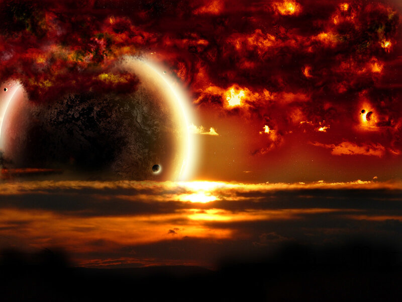 Planet in Fiery Sky — Red, Dramatic, Sunset, Digital Art, Planets