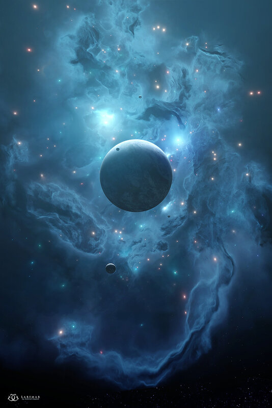 Planet in Nebula — Blue, Serene, Night