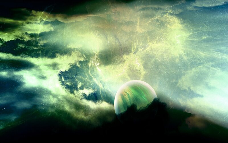 Planet in Nebula — Green, Dramatic, Digital Art, Stars