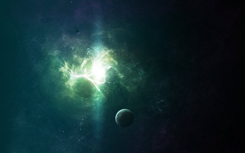 Planet in Nebula — Green, Dramatic, Night, Digital Art, Stars, Black