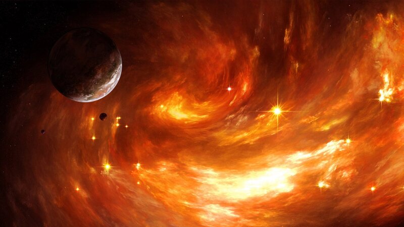 Planet in Nebula — Orange, Dramatic, Digital Art, Stars, Planets