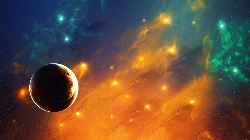 Planet in Nebula — Orange, Dramatic, Digital Art, Stars
