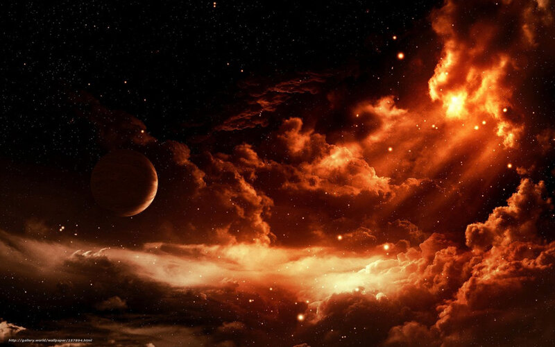 Planet in Nebula — Orange, Dramatic, Night, Digital Art, Stars, Clouds