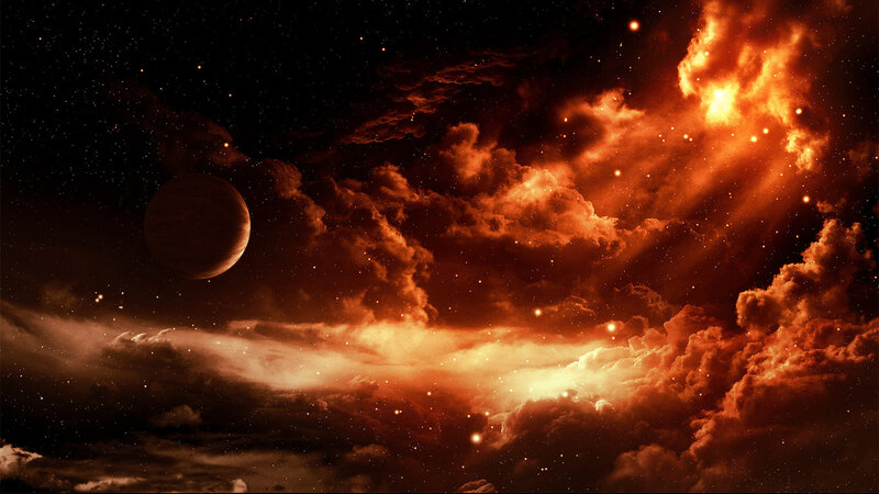 Planet in Nebula — Orange, Dramatic, Night, Digital Art