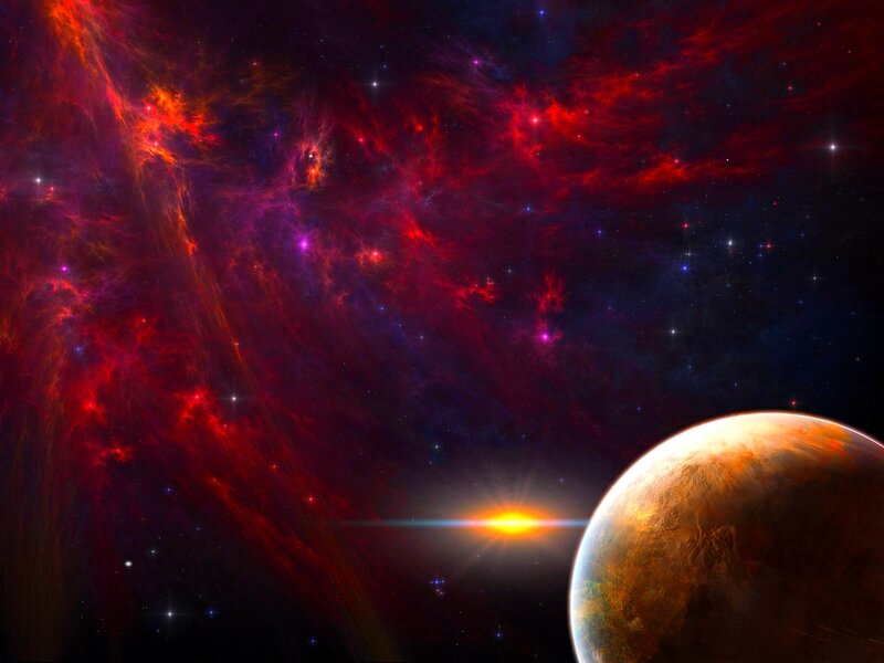 Planet in Nebula — Red, Dramatic, Digital Art, Star, Purple