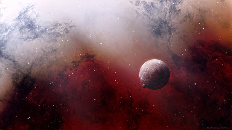 Planet in Nebula — Red, Dramatic, Digital Art, Stars, Moon
