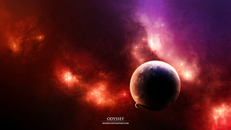 Planet in Nebula — Red, Dramatic, Digital Art, Stars