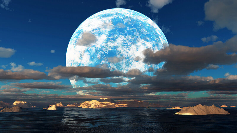 Planet in Sky over Ocean