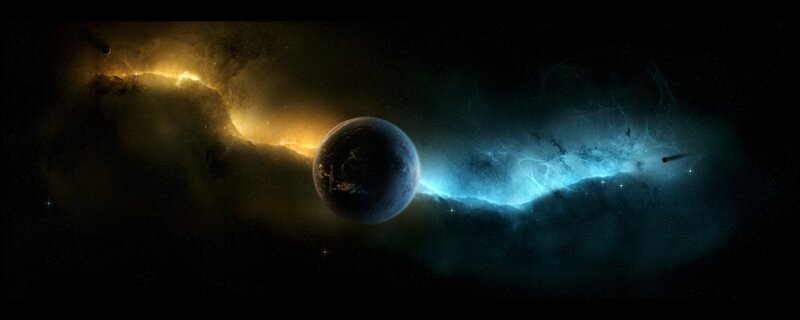 Planet in Space — Black, Dramatic, Digital Art, Nebula, Stars, Comet