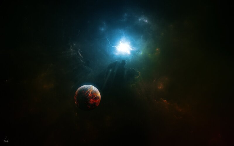 Planet in Space — Black, Dramatic, Digital Art, Star, Nebula, Blue