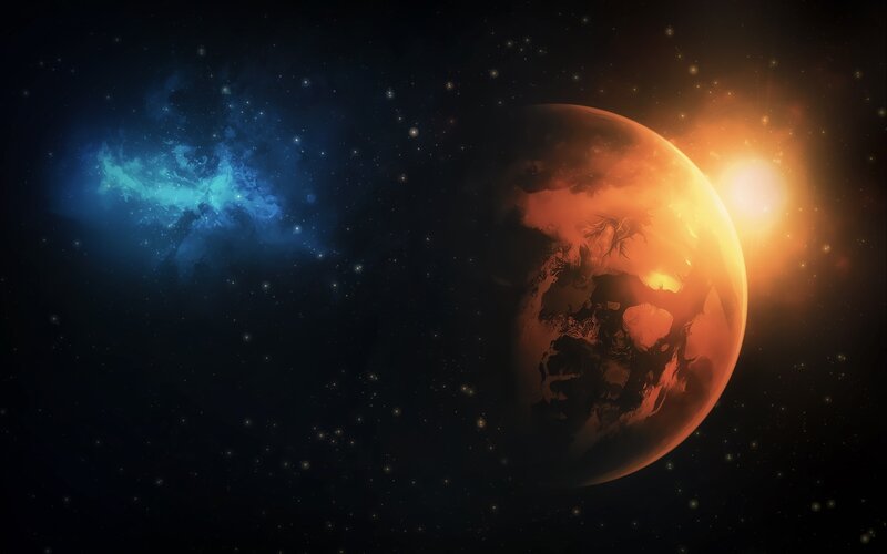 Planet in Space — Black, Dramatic, Digital Art, Star, Nebula, Sun, Blue