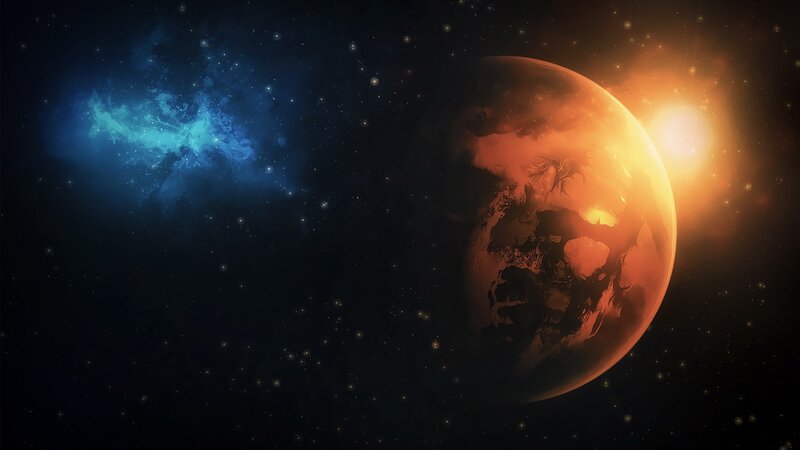 Planet in Space — Black, Dramatic, Digital Art, Star, Nebula, Sun, Orange, Blue